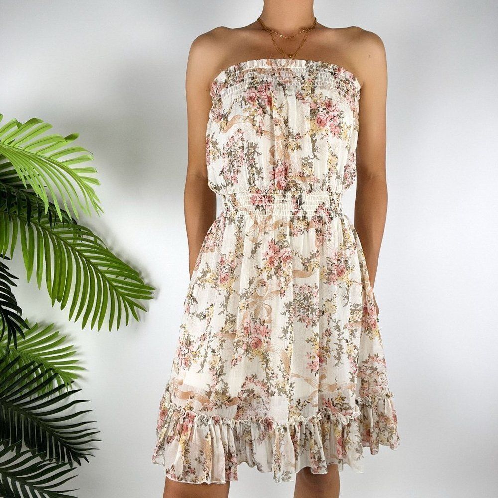 Vintage Pink Ditsy Floral Cottagecore Coquette Strapless Fairycore Mini Dress /S
